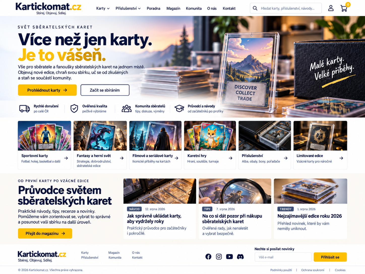 Ilustrační návrh světlého modro-zlatého sběratelského webu Kartickomat.cz